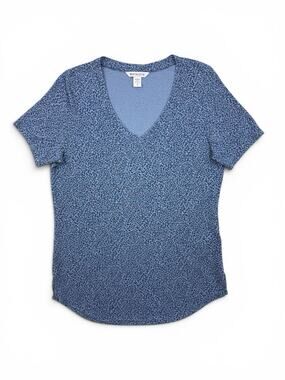 Athleta Blue Micro Cheetah Scoop V-Neck Short Breezy T-Shirt Sz L Athleisure Gym